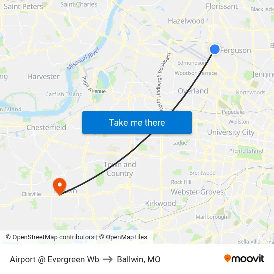 Airport @ Evergreen Wb to Ballwin, MO map