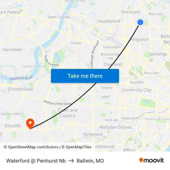 Waterford @ Penhurst Nb to Ballwin, MO map