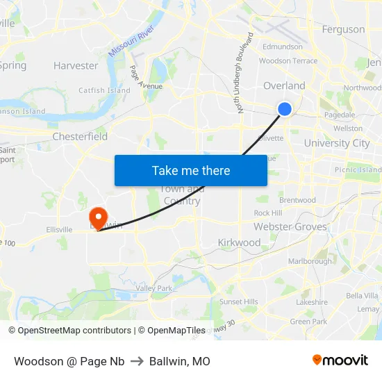 Woodson @ Page Nb to Ballwin, MO map