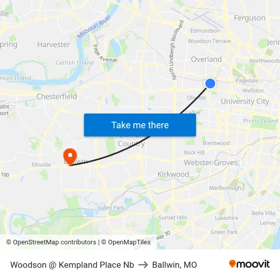 Woodson @ Kempland Place Nb to Ballwin, MO map