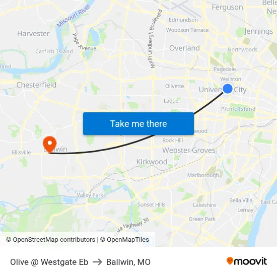 Olive @ Westgate Eb to Ballwin, MO map