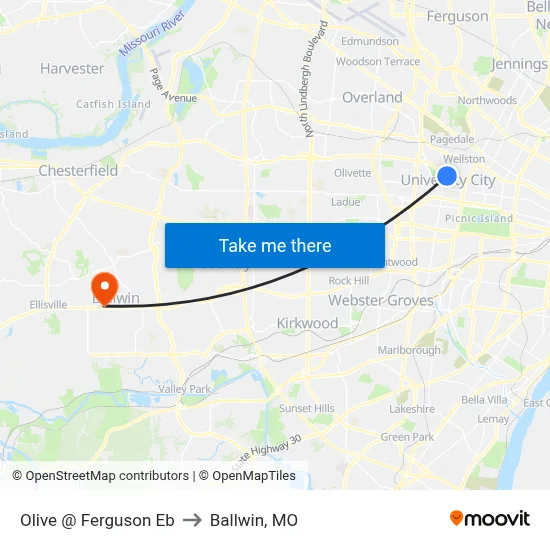 Olive @ Ferguson Eb to Ballwin, MO map