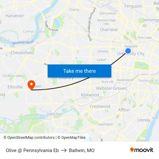 Olive @ Pennsylvania Eb to Ballwin, MO map