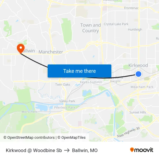 Kirkwood @ Woodbine Sb to Ballwin, MO map