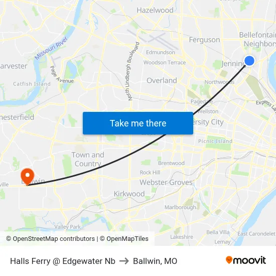 Halls Ferry @ Edgewater Nb to Ballwin, MO map