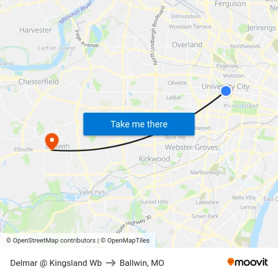 Delmar @ Kingsland Wb to Ballwin, MO map