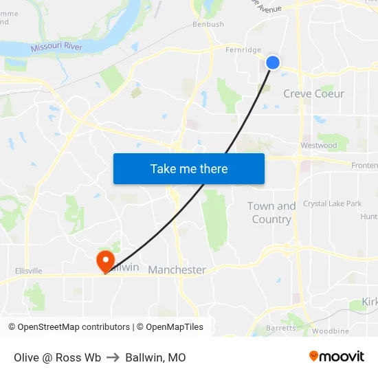 Olive @ Ross Wb to Ballwin, MO map