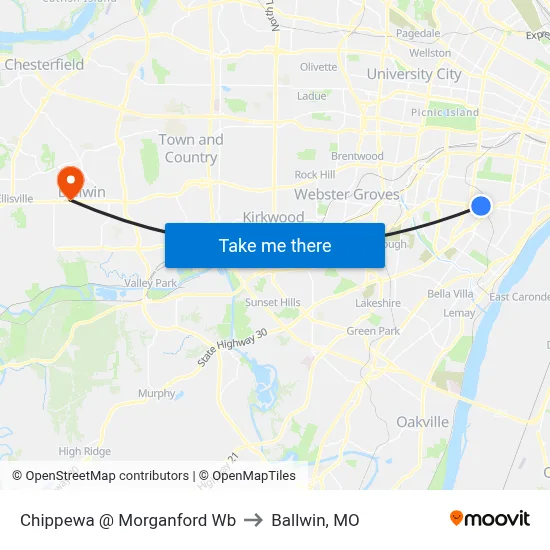 Chippewa @ Morganford Wb to Ballwin, MO map
