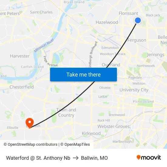 Waterford @ St. Anthony Nb to Ballwin, MO map