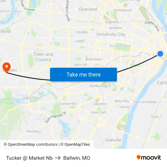 Tucker @ Market Nb to Ballwin, MO map