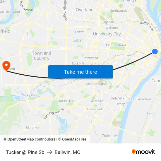 Tucker @ Pine Sb to Ballwin, MO map
