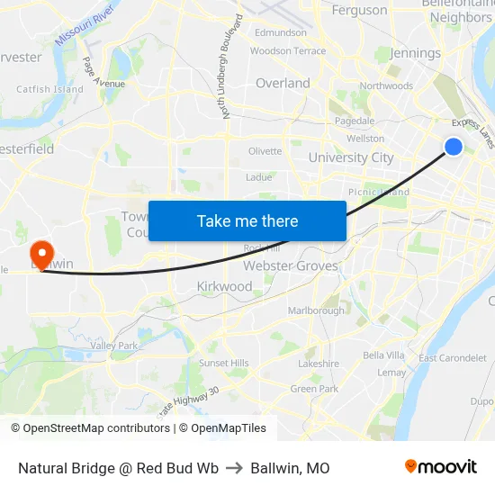 Natural Bridge @ Red Bud Wb to Ballwin, MO map