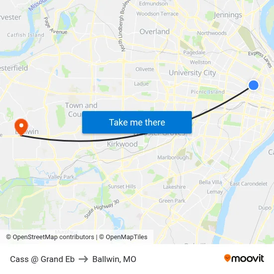 Cass @ Grand Eb to Ballwin, MO map