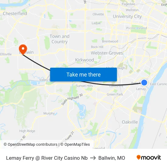 Lemay Ferry @ River City Casino Nb to Ballwin, MO map