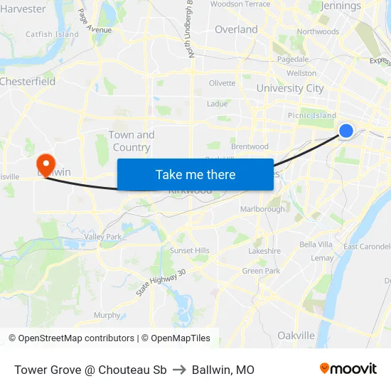 Tower Grove @ Chouteau Sb to Ballwin, MO map