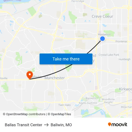 Ballas Transit Center to Ballwin, MO map