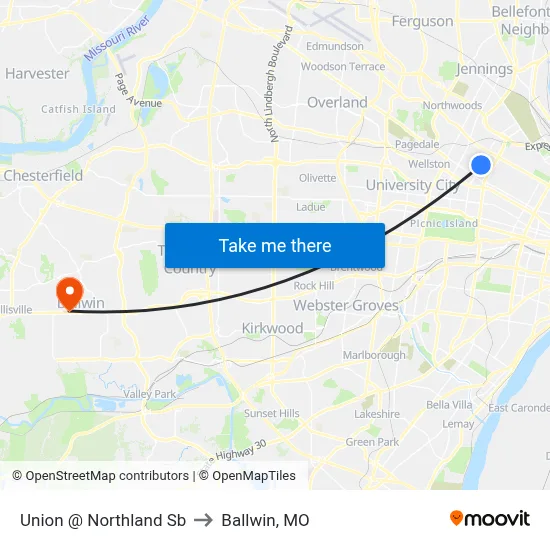 Union @ Northland Sb to Ballwin, MO map
