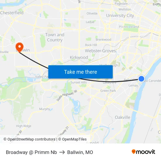 Broadway @ Primm Nb to Ballwin, MO map