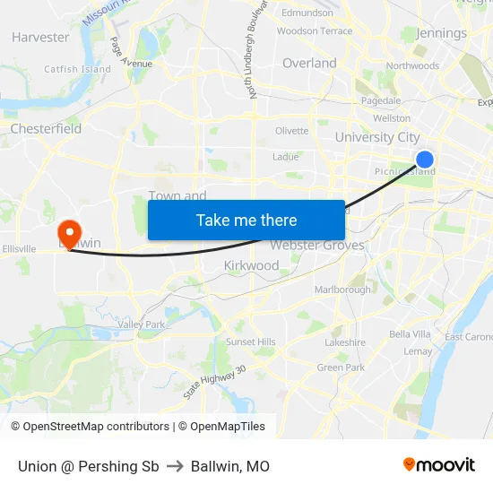 Union @ Pershing Sb to Ballwin, MO map