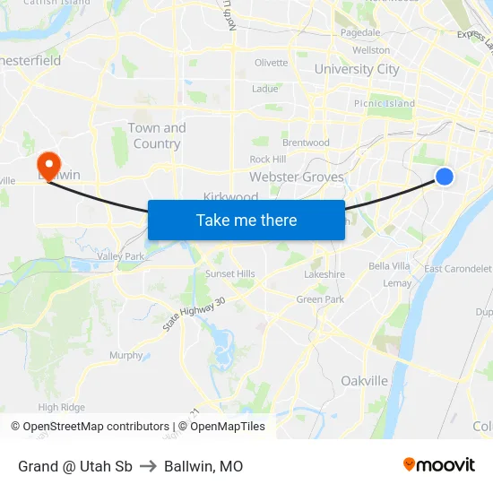 Grand @ Utah Sb to Ballwin, MO map