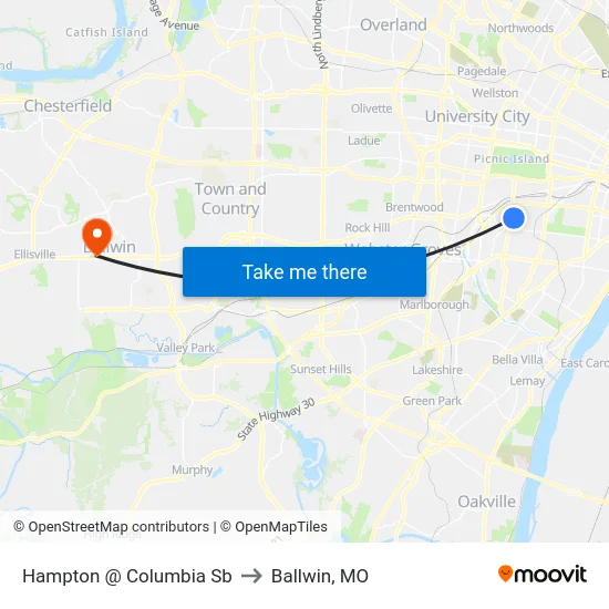 Hampton @ Columbia Sb to Ballwin, MO map
