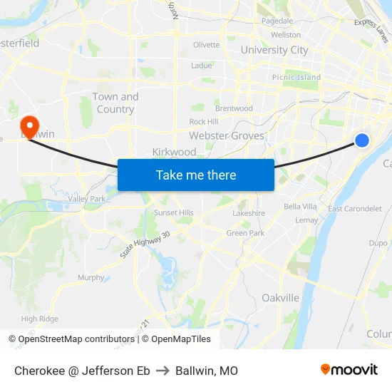 Cherokee @ Jefferson Eb to Ballwin, MO map