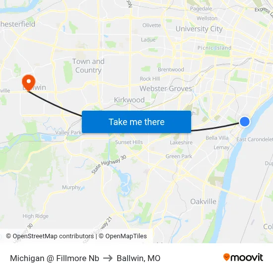 Michigan @ Fillmore Nb to Ballwin, MO map