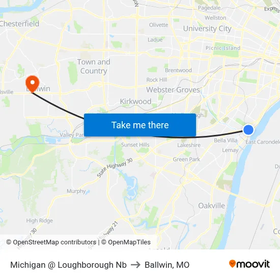 Michigan @ Loughborough Nb to Ballwin, MO map