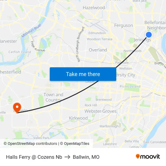 Halls Ferry @ Cozens Nb to Ballwin, MO map