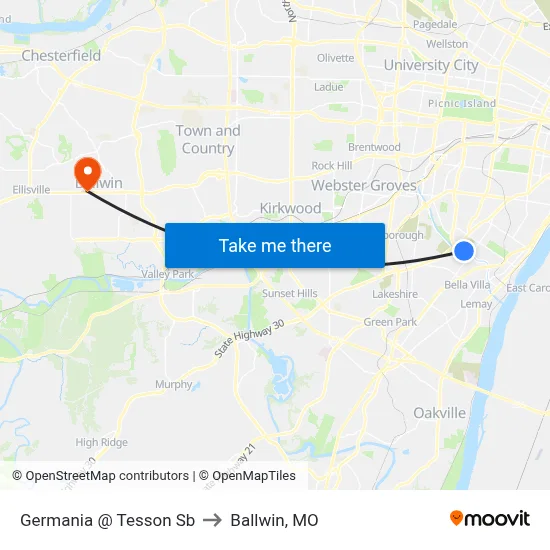Germania @ Tesson Sb to Ballwin, MO map