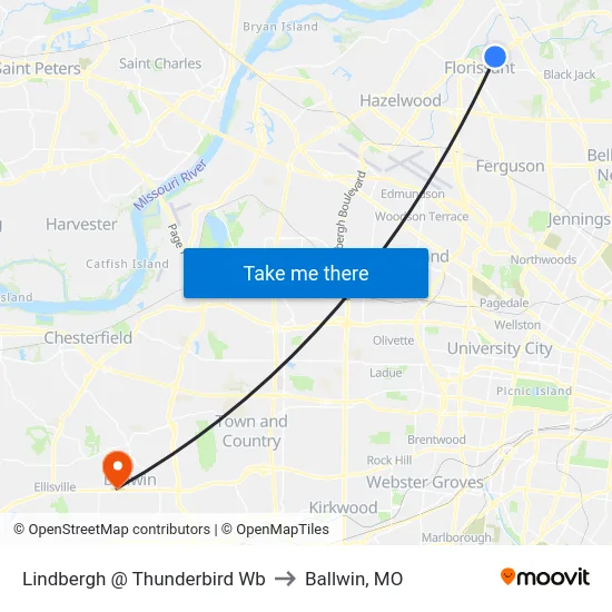Lindbergh @ Thunderbird Wb to Ballwin, MO map