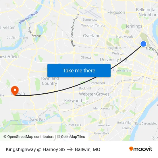 Kingshighway @ Harney Sb to Ballwin, MO map