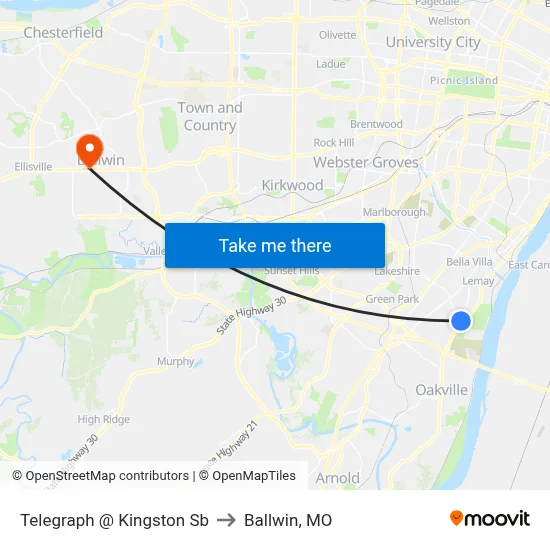 Telegraph @ Kingston Sb to Ballwin, MO map
