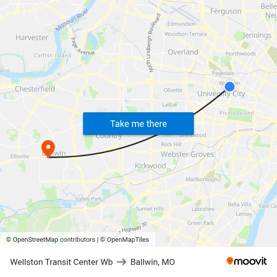 Wellston Transit Center Wb to Ballwin, MO map