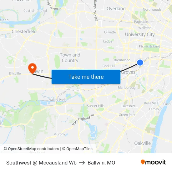 Southwest @ Mccausland Wb to Ballwin, MO map