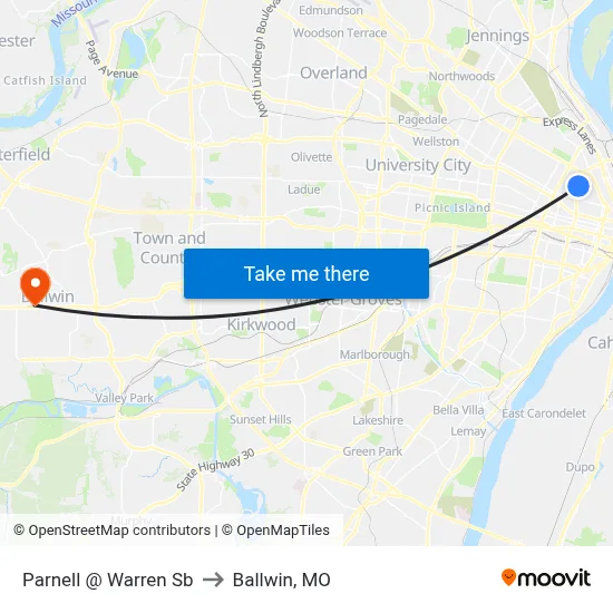 Parnell @ Warren Sb to Ballwin, MO map