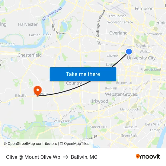 Olive @ Mount Olive Wb to Ballwin, MO map