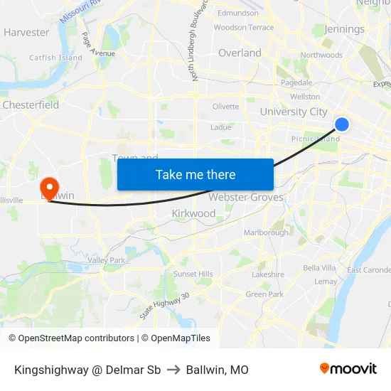 Kingshighway @ Delmar Sb to Ballwin, MO map