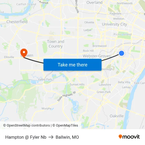 Hampton @ Fyler Nb to Ballwin, MO map