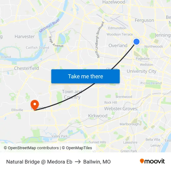 Natural Bridge @ Medora Eb to Ballwin, MO map