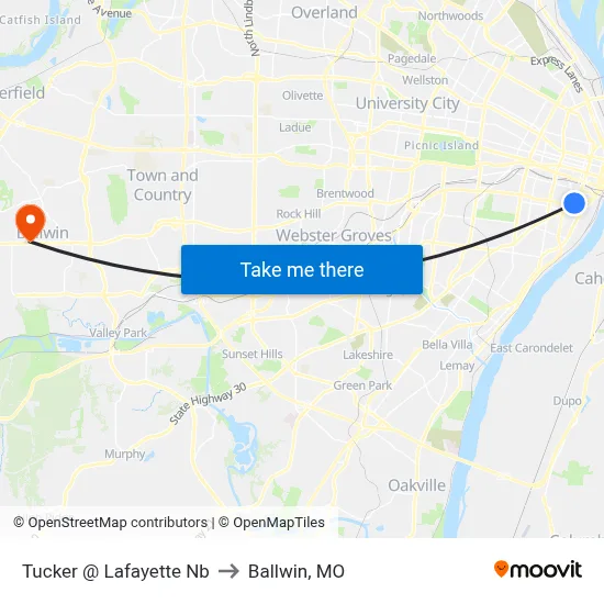 Tucker @ Lafayette Nb to Ballwin, MO map