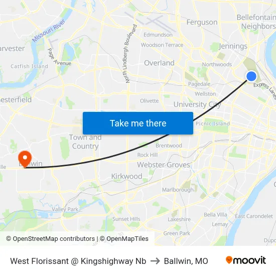 West Florissant @ Kingshighway Nb to Ballwin, MO map