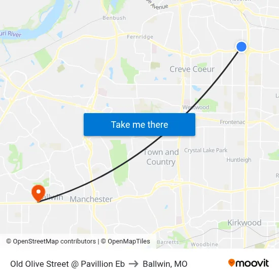 Old Olive Street @ Pavillion Eb to Ballwin, MO map