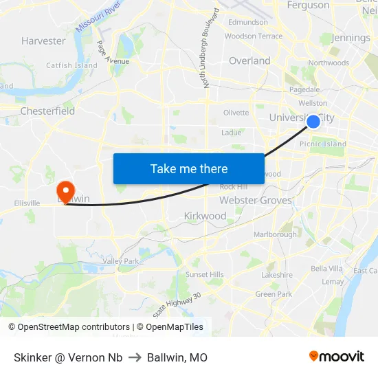 Skinker @ Vernon Nb to Ballwin, MO map