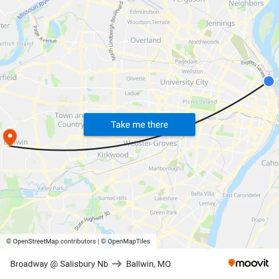 Broadway @ Salisbury Nb to Ballwin, MO map