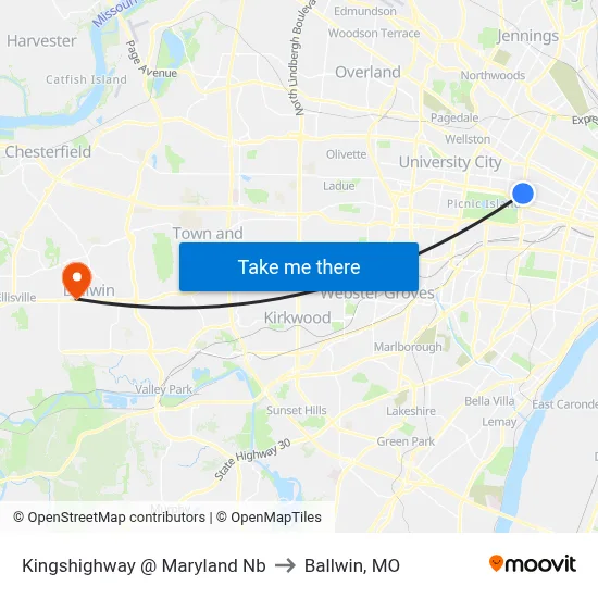 Kingshighway @ Maryland Nb to Ballwin, MO map