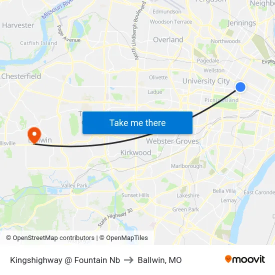 Kingshighway @ Fountain Nb to Ballwin, MO map