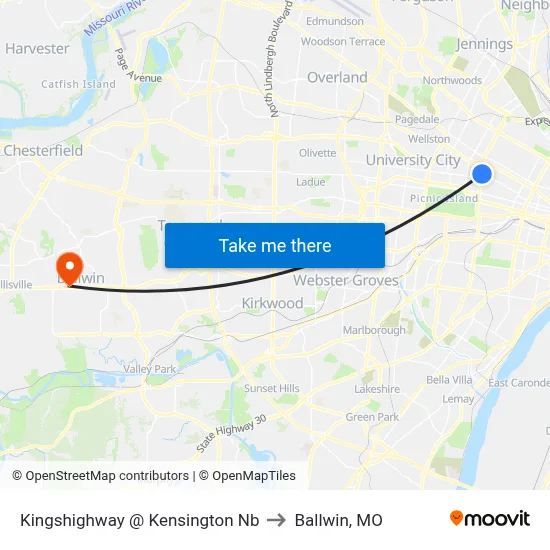 Kingshighway @ Kensington Nb to Ballwin, MO map