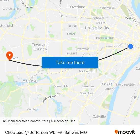 Chouteau @ Jefferson Wb to Ballwin, MO map