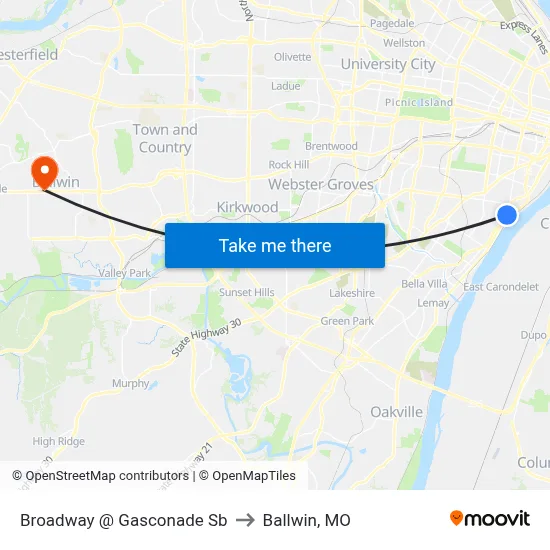Broadway @ Gasconade Sb to Ballwin, MO map